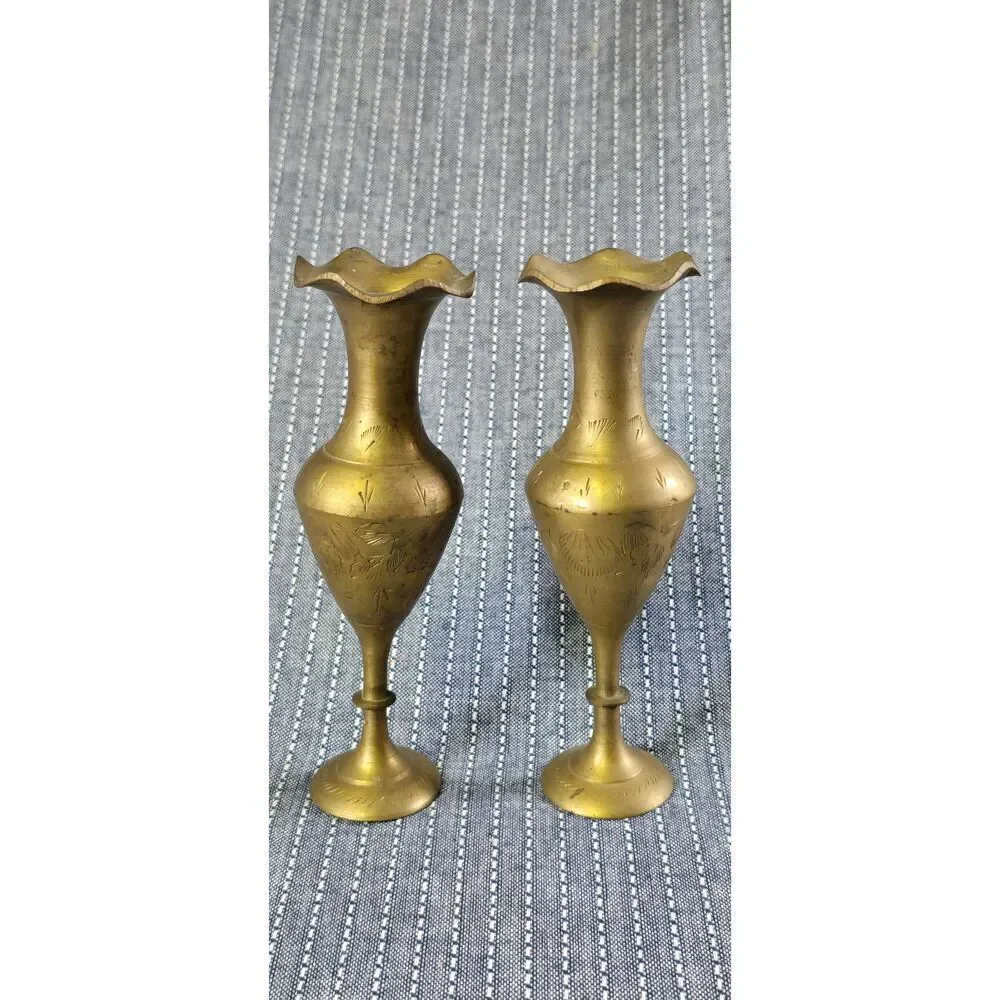Two Vintage Brass Vases with etched floral and foliage patterns